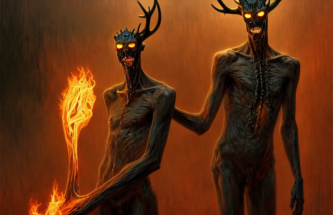 Image similar to translucent Wendigo with flaming eyes, veiled in mist, heroic lighting, dark fantasy, intricate, elegant, highly detailed, lifelike, photorealistic, digital painting, artstation, illustration, concept art, smooth, sharp focus, art by John Collier and Albert Aublet and Krenz Cushart and Artem Demura and Alphonse Mucha