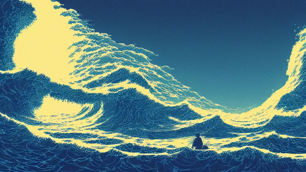 Image similar to highly detailed illustration of high exposure ocean waves at night by makoto shinkai, by nico delort, by dan mumford, by otomo, by kilian eng, by moebius, kodachrome, 4 k resolution