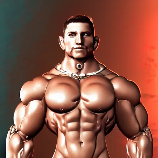 Image similar to a realistic detailed photo of a bodybuilder who is also a male android, Chris Redfield, shiny skin, posing robotically. blank stare