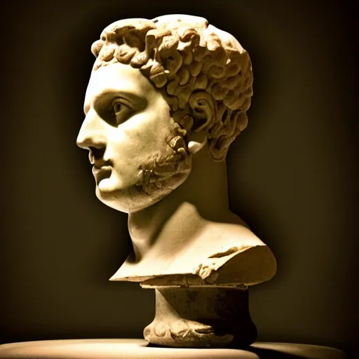 Image similar to an ancient Roman bust on fire in a dark room, high contrast, black, realistic
