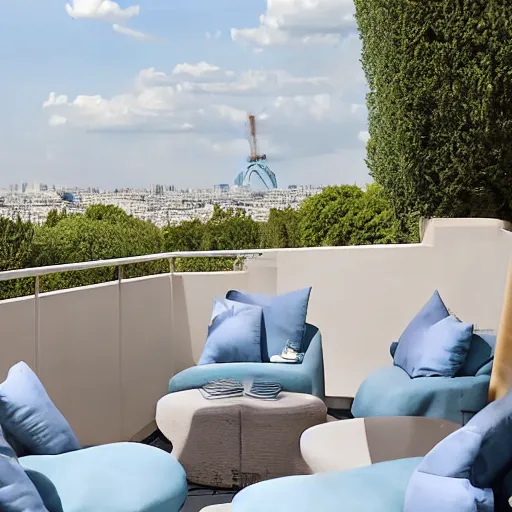 Image similar to clay pot on balcony overlooking paris eiffel tower, light pastel blue sky and clouds in the background, softly - lit, soft - warm, zen, light, modern minimalist f 2 0 clean