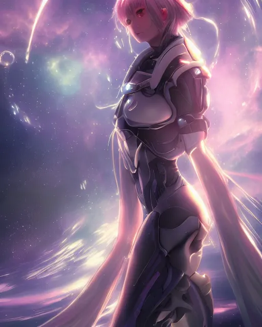 Image similar to photo of anime girl on a mothership, warframe armor, beautiful face, scifi, nebula, futuristic background, galaxy, raytracing, dreamy, focused, sparks of light, pure, long white hair, blue cyborg eyes, glowing, 8 k high definition, insanely detailed, intricate, innocent, art by akihiko yoshida, li zixin, woo kim