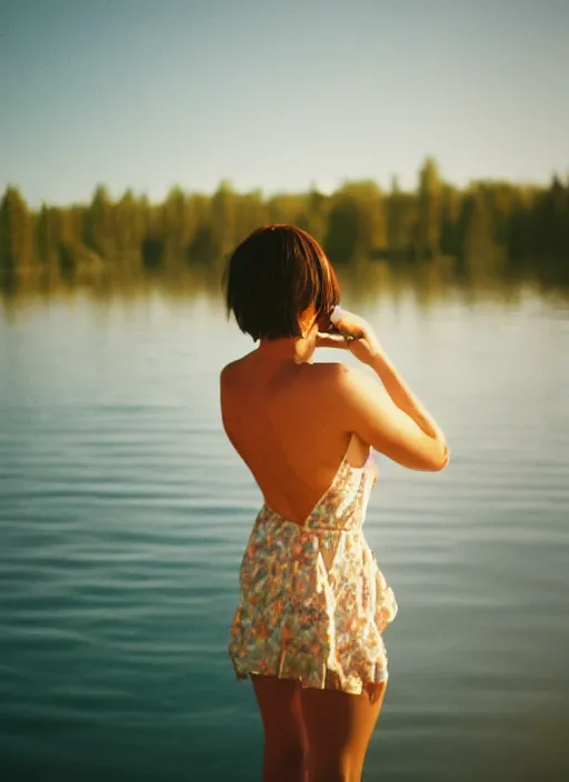 Image similar to a 2 8 mm holga photo from the back of a woman at the edge of a lake, splash art, movie still, bokeh, canon 5 0 mm, cinematic lighting, dramatic, film, photography, golden hour, depth of field, award - winning, anamorphic lens flare, 8 k, hyper detailed, 3 5 mm film grain