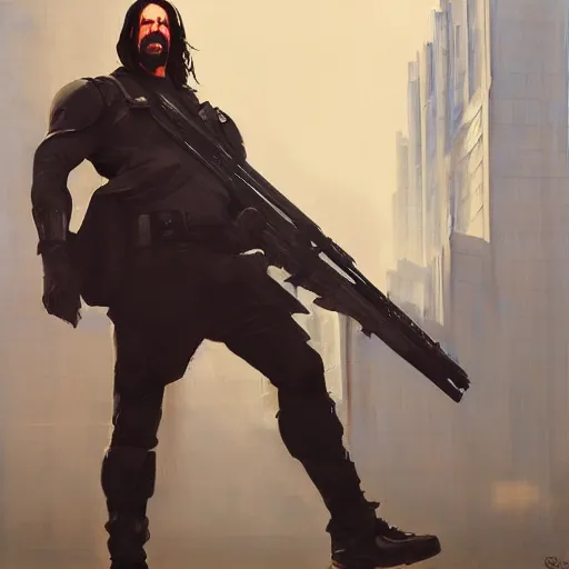 Image similar to greg manchess portrait painting of partially armored john wick as overwatch character, medium shot, asymmetrical, profile picture, organic painting, sunny day, matte painting, bold shapes, hard edges, street art, trending on artstation, by huang guangjian, gil elvgren, ruan jia, greg rutkowski, gaston bussiere