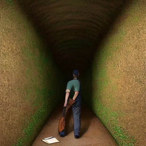 Image similar to A man in shorts and baseball cap walks down a very long, high walled tunnel, green floor, brown brick sides, long shadow, his back is turned, highly detailed, digital painting, artstation, concept art, smooth, sharp focus, illustration, art by greg rutkowski