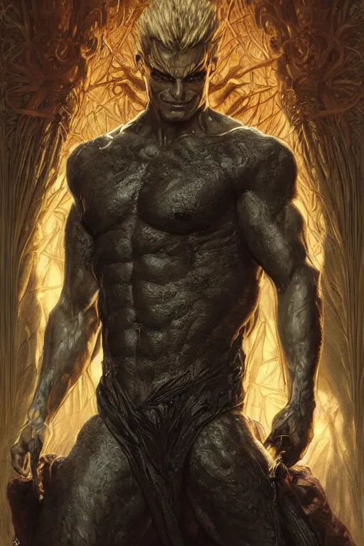 Image similar to portrait of albert wesker as a herculian demon man, forest, full body, powerful, fantasy, intricate, elegant, highly detailed, digital painting, artstation, concept art, sharp focus, illustration, art by artgerm and greg rutkowski and alphonse mucha