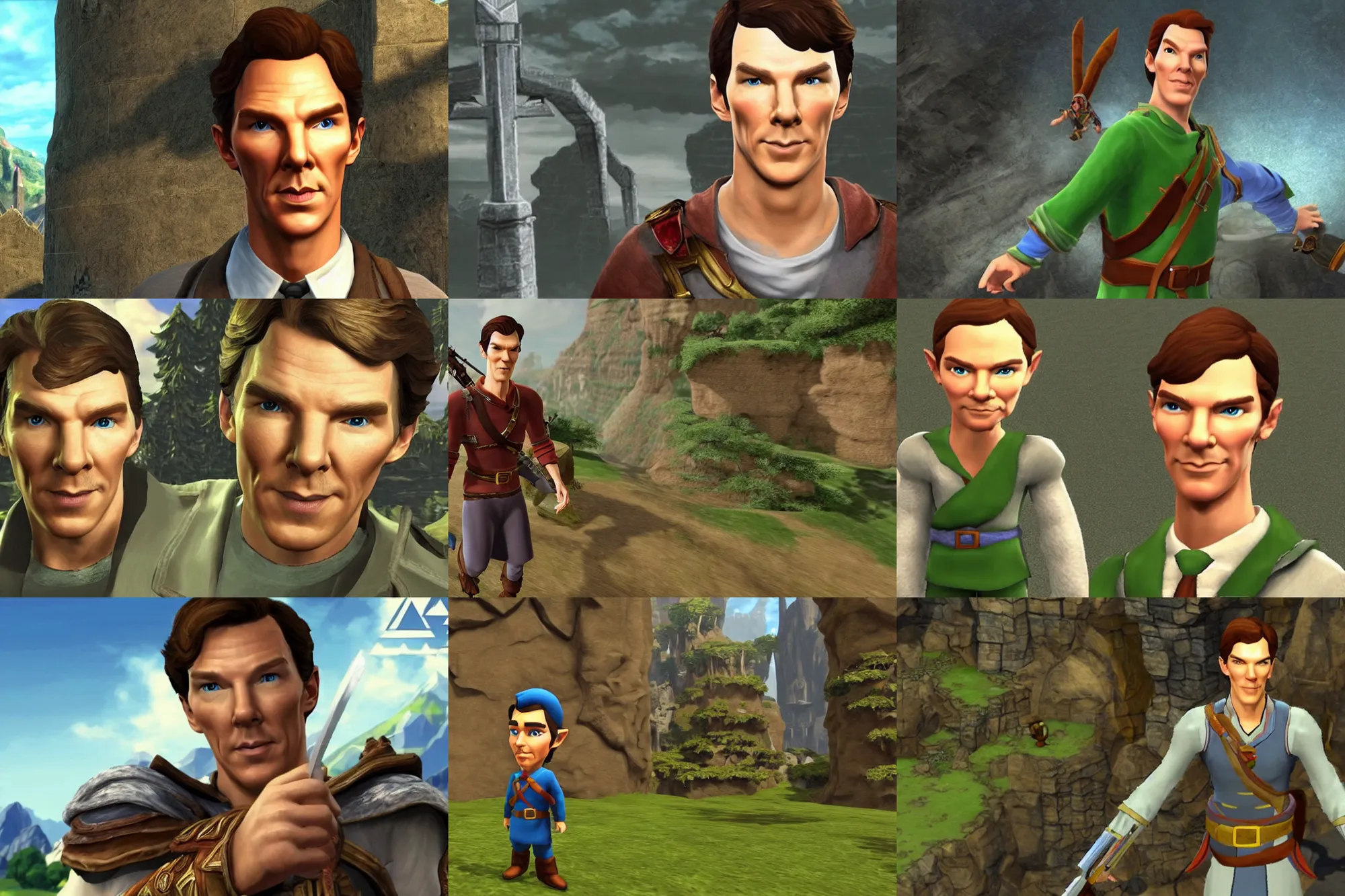 Prompt: a screenshot of benedict cumberbatch in the video game legend of zelda. 3 d rendering. unreal engine. amazing likeness. very detailed. cartoon caricature.