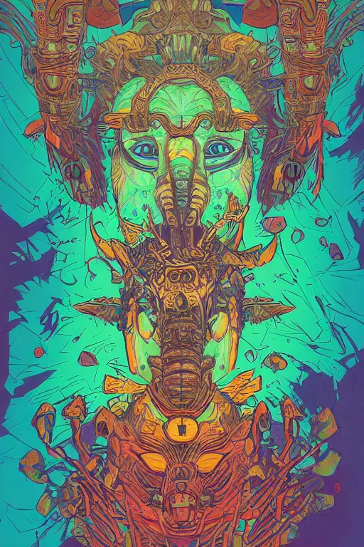 Image similar to totem animal tribal chaman vodoo mask feather gemstone plant video game illustration vivid color borderlands and by feng zhu and laurie greasley, victo ngai, andreas rocha, john harris radiating a glowing aura