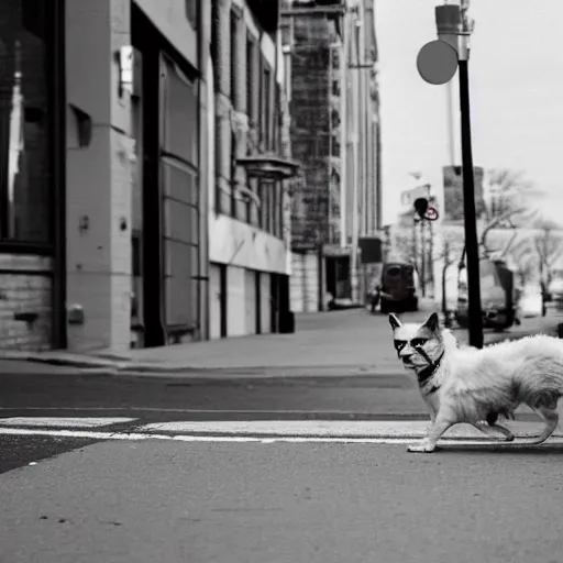 Image similar to photo of catdog walking across the street, realism, photo-realism, hyper-realism, leica 35mm