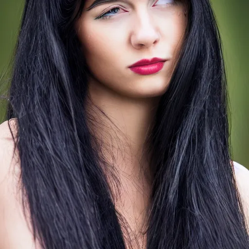 Image similar to young woman with messy long black hair, 1 3 5 mm nikon portrait