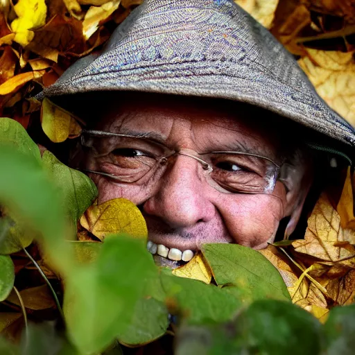 Image similar to an smiling old man hidden under leaves