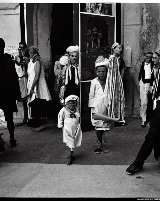 Image similar to Award winning reportage photo of Monegasque Natives with incredible hair wearing traditional garb by Garry Winogrand and Dian Arbus, 85mm ND 5, perfect lighting, gelatin silver process