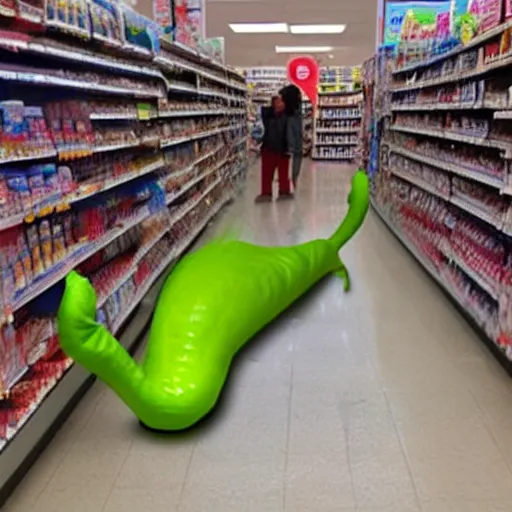 Image similar to photo, a man wearing a giant slimy slug costume crawling through a cvs pharmacy