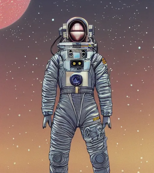 Image similar to realistic cyberpunk japanese astronaut with long limbs on a spacewalk outside of their ship, techwear, Industrial Scifi, detailed illustration, character portrait, by Martin Grip and Moebius