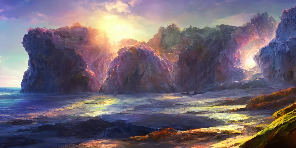 Image similar to salt covered islands surrounded by sheer colourful quartz cliffs, illustration, bright sunlight, sun glints, sunrays, digital art, oil painting, fantasy, 8 k, trending on artstation, detailed