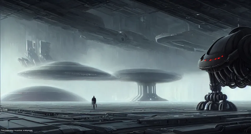 Prompt: hyper realistic sci - fi matte concept art painting of giant scopion - like robot in a starship hanger, starship in background, beautiful details, strong composition painted by kim jung guweta studio rutkowski, james gurney and greg rutkowski, and lucasfilm, smooth, intricate, detailed, sharp focus, cinematic