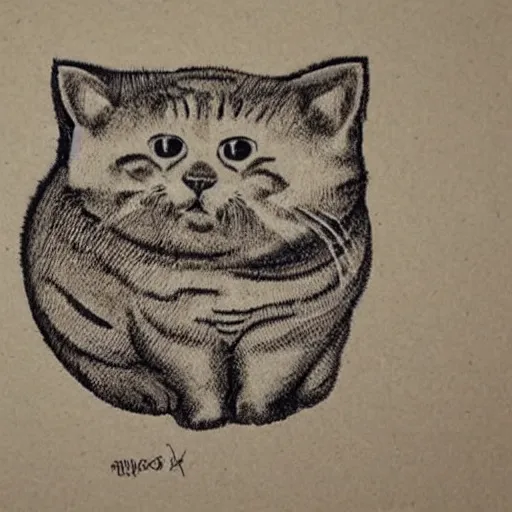 Prompt: woodblock etch of the most chubby cute cat ever, this cute chunky monster has rolls, Epic Cat