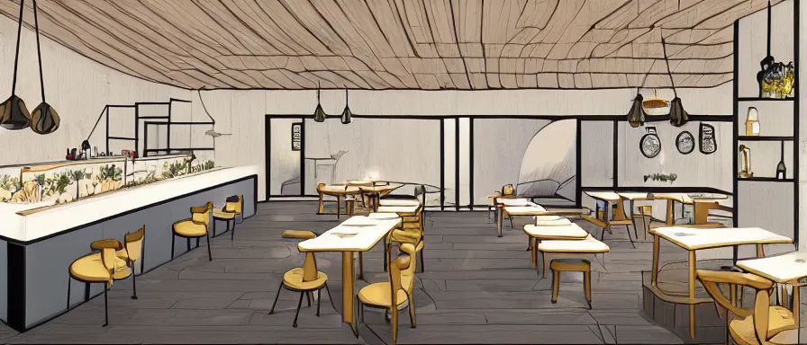 Image similar to a beautiful interior view illustration of a small roasted string hotpot restaurant of baota mountain in yan'an city, animation illustrative style, from china, restaurant theme wallpaper is baota mountain, rectangle white porcelain table, black chair, simple style structure decoration design, victo ngai, james jean, 4 k hd