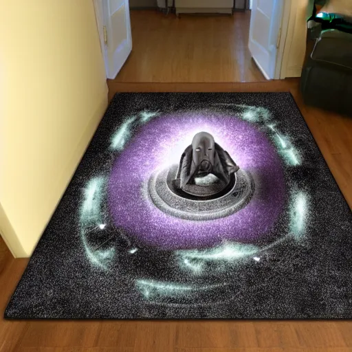 Image similar to portal door on the carpet opening to other dimensions, an alien coming out of the portal, scary