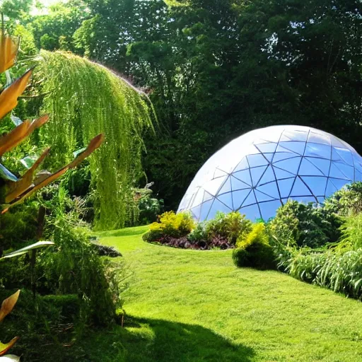 Prompt: geodesic dome with gardens and waterfall