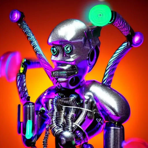 Prompt: portrait photo of a silver and purple glossy metallic futuristic steampunk robot ape head with multicolored glowing gears and tubes and cables, crisp, fluorescent colors, insanely detailed, 3 d render, unreal engine