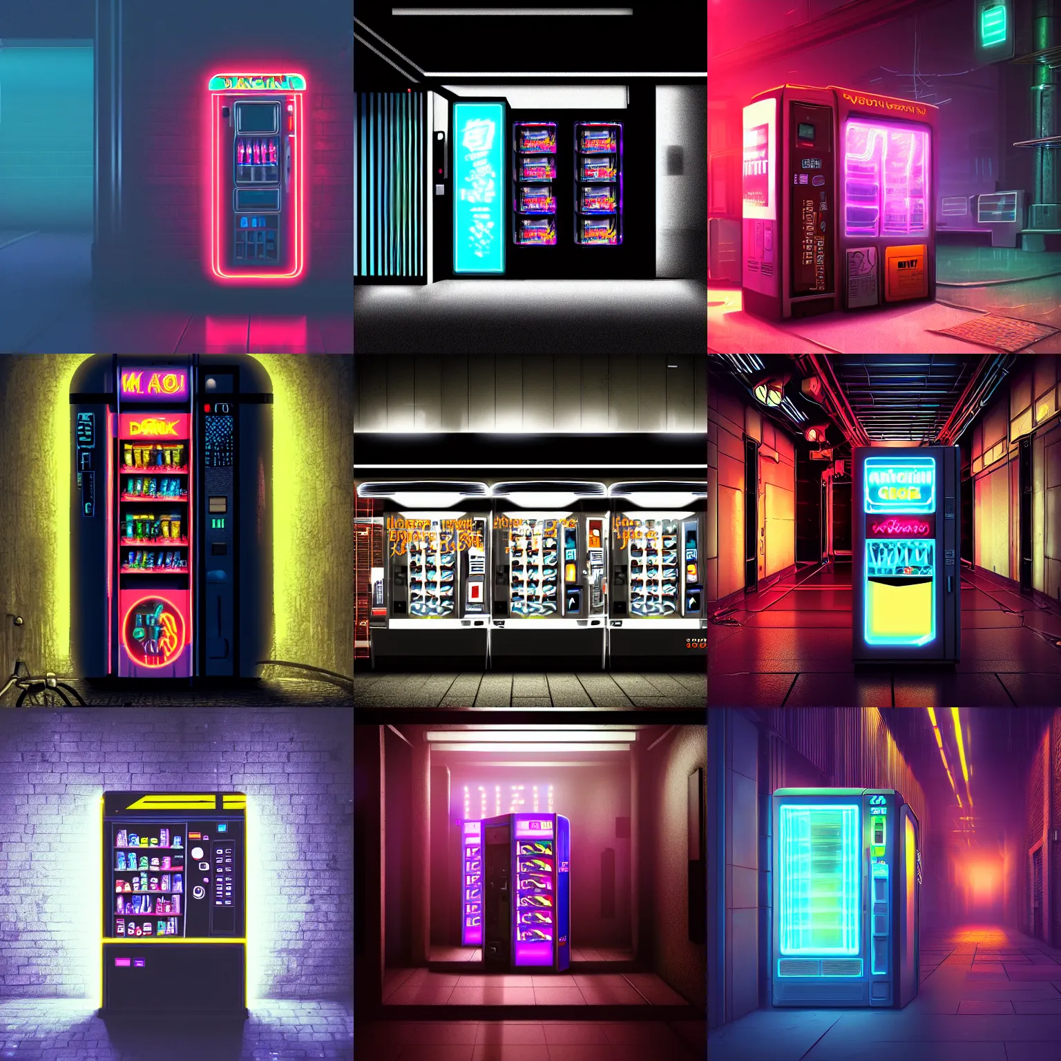 Prompt: a vending machine dimly neon lighting a dark alley, futuristic, cyber, sci - fi, volumetric light, foggy atmosphere, artstation, highly detailed, sharp focus, digital art, trending