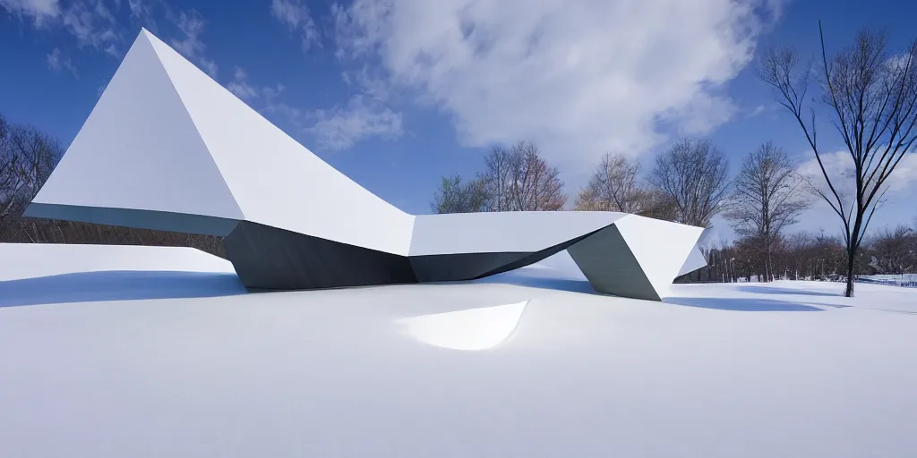 Image similar to faceted roof planes lift and descend creating shade and architectural expression, highly detailed, situated in snow, vivid color