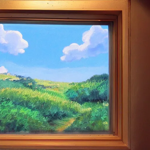 Image similar to an oil painting of a studio ghibli meadow view from a cozy window