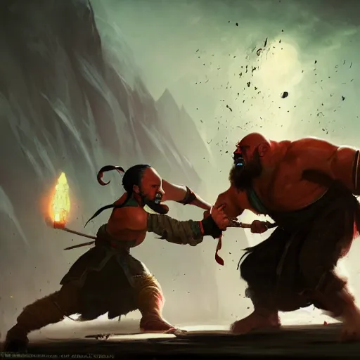 Prompt: monk fighting an orc, martial arts, 8k, sharp high quality artwork in style of Jose Daniel Cabrera Pena and Greg Rutkowski, concept art by Tooth Wu, blizzard warcraft artwork