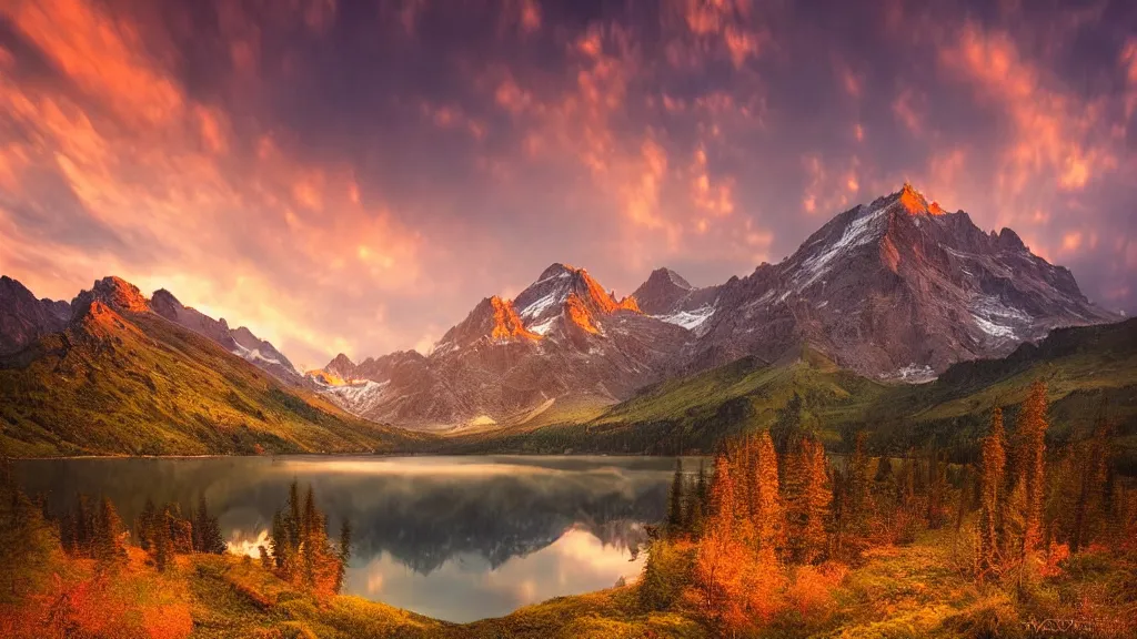 Image similar to amazing landscape photo of mountains with lake in sunset by marc adamus, beautiful dramatic lighting