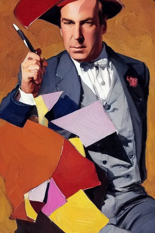 Image similar to sharp saul goodman wearing colorful suit, painting by jc leyendecker!!!, angular!!!, triangle brush strokes, ( painterly ), vintage, crisp!