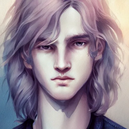 Prompt: teen boy, silver hair, shoulder - length hair, ethereal, elegant, intricate, delicate, sharp focus, highly detailed, artstation, watercolor, by charlie bowater and ross tran