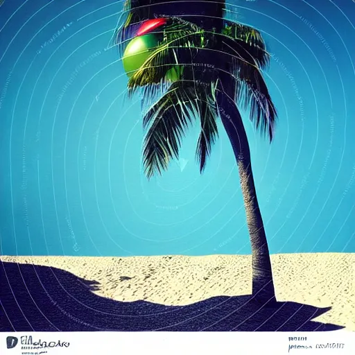 Image similar to noisy color photograph of an underground retrofuturist liminal space, staggered terraces, lonely palm tree next to a beach ball, deformations, minimalist, cinematic, soft vintage glow