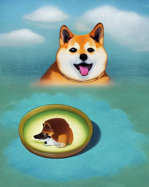 Image similar to shiba inu bites frisbee ， painting photoshop by mark ryden and pixar and hayao miyazaki, 8 k