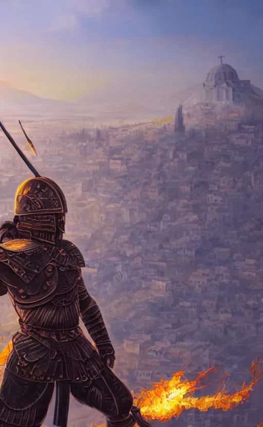 Image similar to a painting of a greek hoplite armed with a spear and shield, a burning city in the background, ultra detailed, high fantasy, 4 k, trending on artstation, cinematic