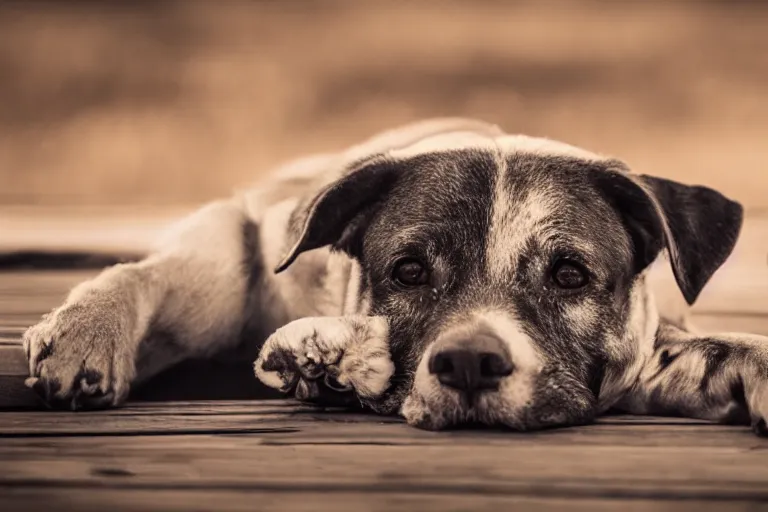 Image similar to old dog lying on a wooden dusty boardwalk shallow depth of field award winning