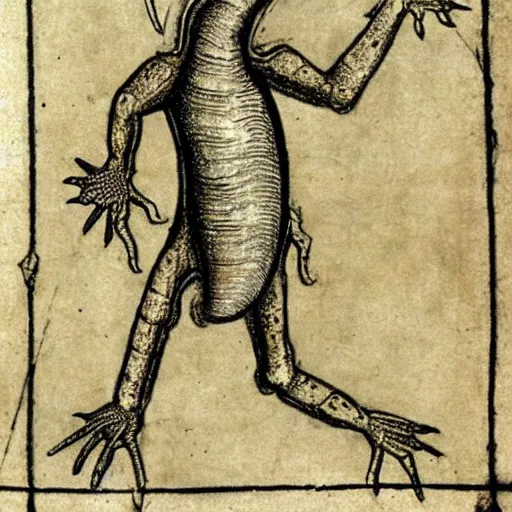 Image similar to medieval sketch of an exhausted anthropomorphic lizard