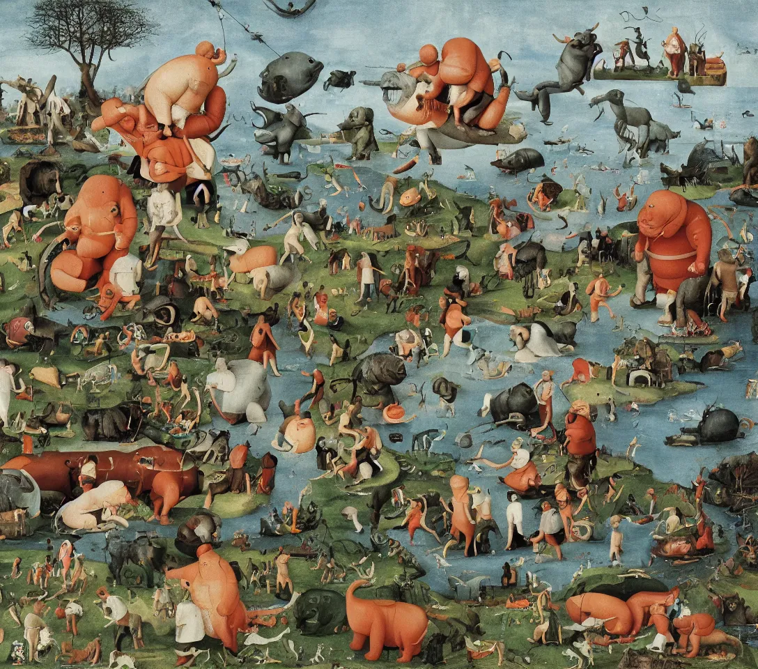 Image similar to a 3 5 mm photography, kodachrome colour, of grandpa with white michelin man costume, riding a hippo, strange creatures and alien plants around inspired by bosch but in the real life, photos taken by martin parr