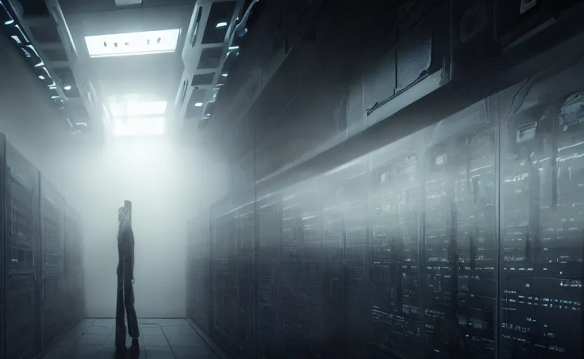 Image similar to extremely detailed cinematic movie still 3 0 7 7 foggy portrait shot of a robot in an endless data centre by denis villeneuve, wayne barlowe, simon birch, marc simonetti, philippe druillet, beeple, bright volumetric sunlight from small windows, rich moody colors