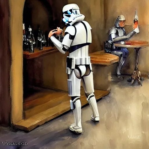 Prompt: stormtrooper and hot blonde drinking wine in a cellar, romantic, cozy, inviting, detailed, beautiful, atmospheric, impressionism, watercolor by vladimir volegov