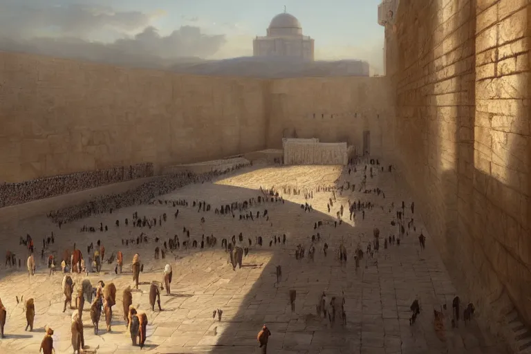 Prompt: the western wall, matte painting, long shot, concept art, wide shot, digital art, trending on artstation, 4 k, extremely detailed, realistic, midday, warm colors, golden sunlight, by greg rutkowski, cinematic, epic