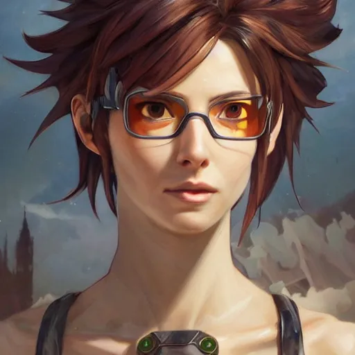 Prompt: high fantasy science-fiction character portrait of Tracer from Overwatch, intricate, wild, highly detailed, digital painting, artstation, upper body, concept art, smooth, sharp focus, cobblestone London victorian street in background, illustration, art by artgerm and greg rutkowski and alphonse mucha