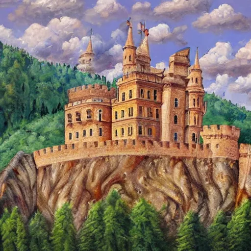 Prompt: a hyper realistic painting of a melting stone spanish castle made of melting bricks on a hill in the mountains and forest on a scorching hot day