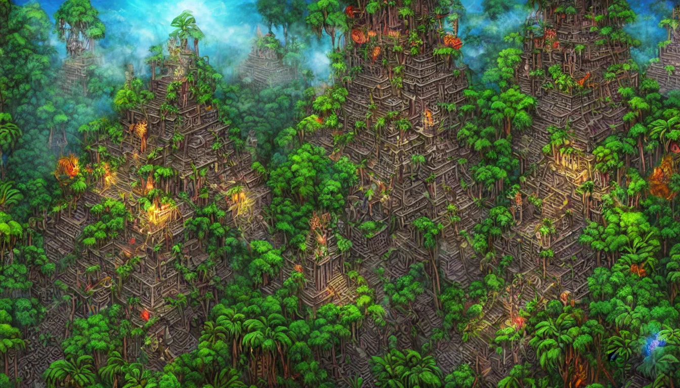 Prompt: way up the tower to the majestic ancient mayan temple jungle forest realm in the clouds , side-scrolling 2d platformer game level, swirling clouds, fantasy jungle vegetation, totem ruins with intricate mayan glyphs, dramatic dusk sun illuminates areas, volumetric light , detailed carved ornaments, rich color, upscale , 8k