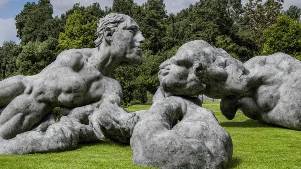 Prompt: a colossal impossible granite sculpture garden by michelangelo and henry moore and david cerny, on a green lawn, distant mountains, 8 k, dslr camera, yank the truth from your throat, award winning