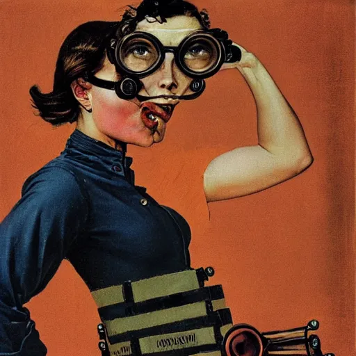 Prompt: portrait of a muscular woman wearing engineer goggles, by norman rockwell