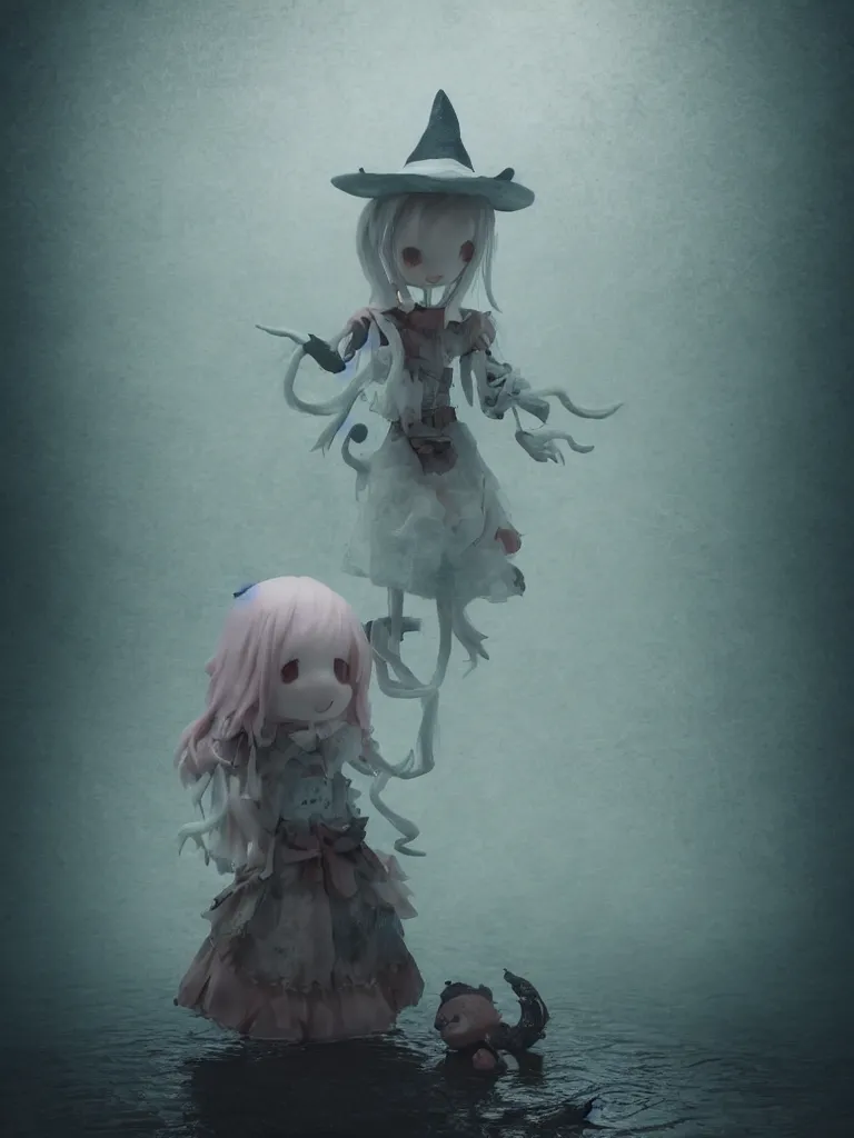 Prompt: cute fumo plush girl witch standing in reflective murky river water, otherworldly gothic horror maiden in tattered cloth, hazy heavy swirling volumetric fog and smoke, moonglow, lens flare, vray