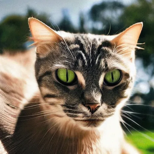 Prompt: cat with human eyes looks amused at the camera