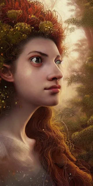 Image similar to infp young woman, smiling amazed, golden fireflies lights, full covering intricate detailed dress, amidst nature, long red hair, precise linework, accurate green eyes, small nose with freckles, beautiful oval shape face, realistic, expressive emotions, dramatic lights, hyper realistic ultrafine art by artemisia gentileschi, jessica rossier, boris vallejo