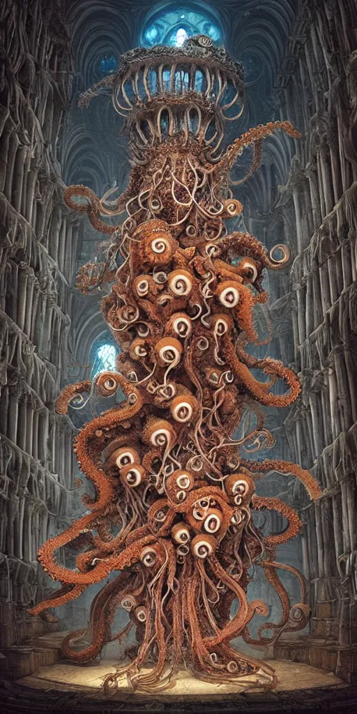 Prompt: group of mankind mages with octopus heads a lot of jellyfish floating around inside an ancient mage castle hall colossal scale, gothic and baroque, brutalist architecture, ultradetailed, Intricate by Ellen Jewett and Josan Gonzalez and Giuseppe Arcimboldo